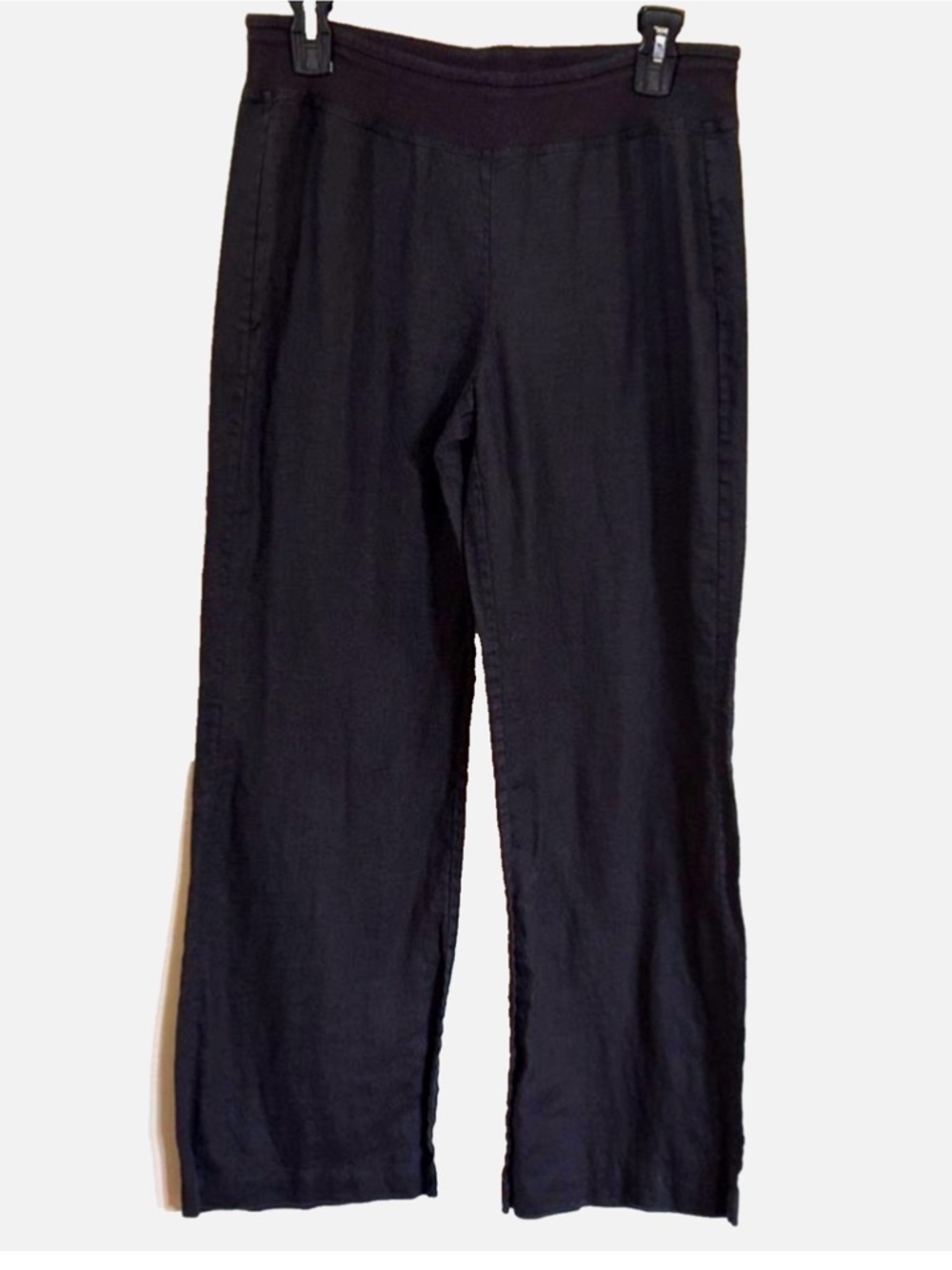 Saks Fifth Avenue Black Linen Pants Womens M Pull On Elastic Waist Straight Leg